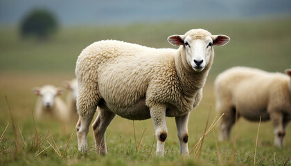 close up of a sheep lamp ewe ram with white wool in the field