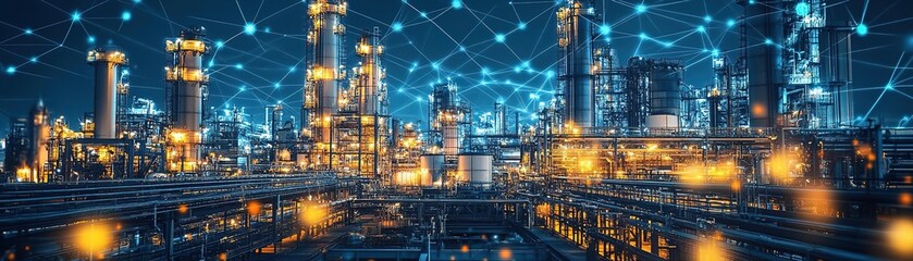 A stunning view of a modern industrial landscape illuminated by digital connections and glowing lights at night.