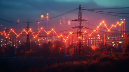 Power line with price red chart. Rising electricity bill. Rising energy price, electricity price growth, Red energy crisis background, backdrop.