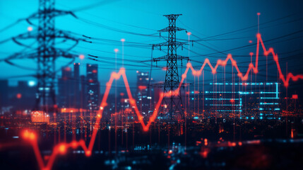 Power line with price chart. Rising electricity bill. Rising energy price, electricity price growth, Energy crisis background, backdrop.