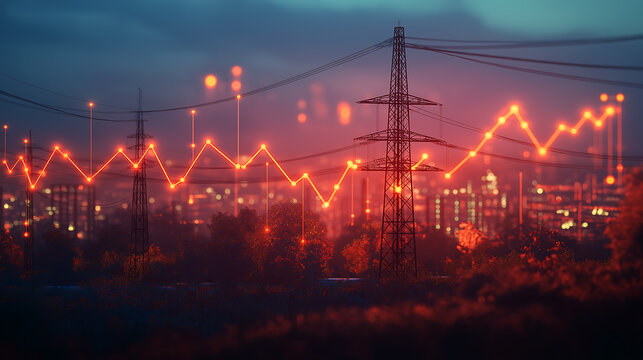 Power line with price red chart. Rising electricity bill. Rising energy price, electricity price growth, Red energy crisis background, backdrop.