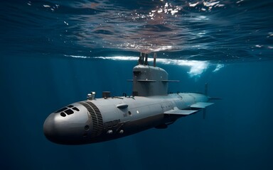 A photo of a military submarine diving underwater. The submarine is submerged in the ocean, leaving only a small bubble trail on the surface 