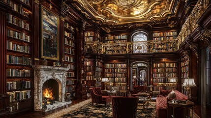 Obraz premium A grand library with floor-to-ceiling mahogany shelves, a marble fireplace, and plush velvet seating Gold leaf adorns the ornate ceiling, creating a warm, inviting ambiance