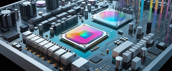 Illustrative color illustration of a close-up of a computer processor or printed circuit board with a high performance chip for fast calculation of binary processes
