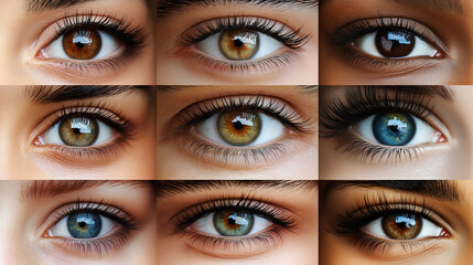 Close-up of different colors of woman's eyes, a variety of eye colors, eye color