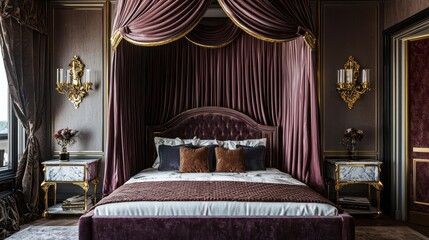 A grand master suite with a velvet canopy bed, marble nightstands, and gold wall sconces The room combines comfort with luxury, creating a lavish sleeping environment
