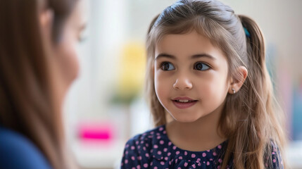 Obraz premium a child therapist talks with a young girl in a warm, inviting space
