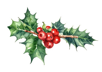 Christmas traditional decor element. Watercolor holly berries with green leaves.