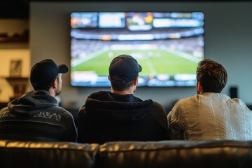 Men sitting in front of a huge TV watching sports.
