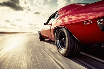 Muscle car roaring down an open highway with a blurred background showing the speed.