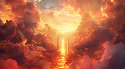 Fototapeta premium A fiery road to the sky amidst the clouds, at the end of which are the white gates of heaven.