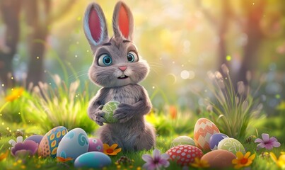Adorable Bunny With Easter Eggs In Flowery Meadow
