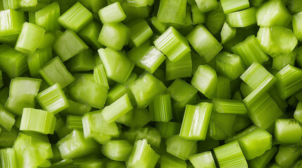a close-up, top-down view of diced celery spread across the entire frame, filling the image with its pale green color and uniform cubes