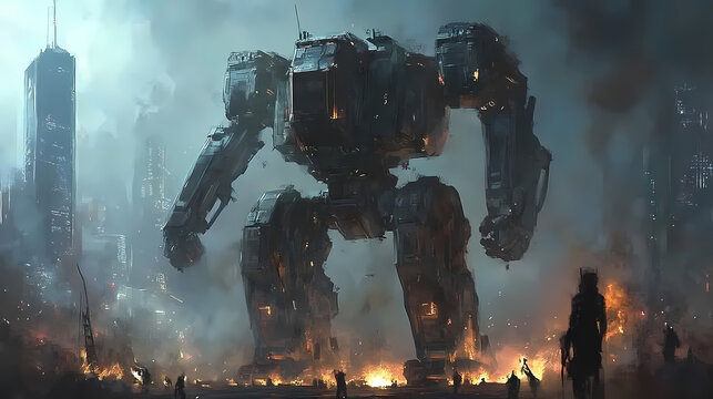 Giant mecha robot. Mecha Battle. Illustration