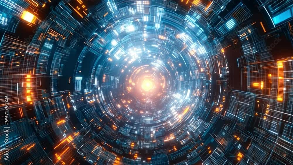 Aufkleber This digital tunnel features swirling blue and orange light patterns, creating a striking abstract effect that evokes a sense of depth and movement.