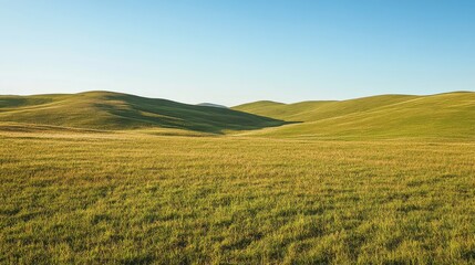 Fototapeta premium The expansive grassy hillside rolls gently, with lush greenery extending as far as the eye can see, creating a serene natural environment under bright skies