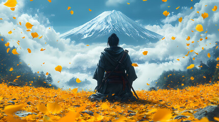 A samurai sits in tranquility amidst the grief of Fujiyama