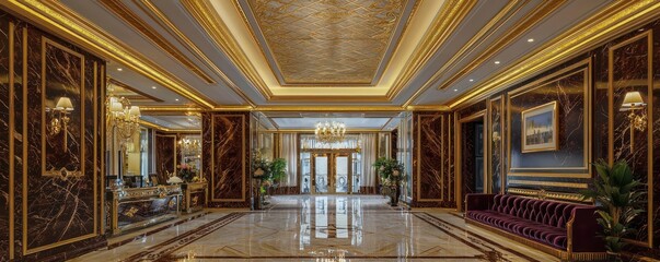 Obraz premium A grand vestibule with a high marble ceiling, gold trim, and velvet-lined walls This entryway impresses guests with its luxurious design and welcoming atmosphere