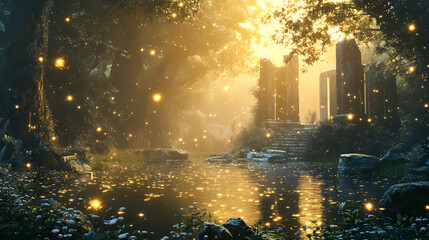 Glowing pond in a magical forest clearing with fireflies and ancient ruins at twilight fairy tale-inspired with glowing elements soft mystical lighting and enchanted flora. Magical Glade. Illustration