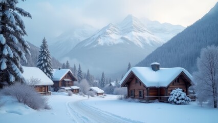 Generative AI, a snowy mountain scene with a cabin in the foreground and a mountain range in the background with snow on the ground, winter, a matte painting, german romanticism
