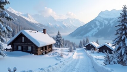 Generative AI, a snowy mountain scene with a cabin in the foreground and a mountain range in the background with snow on the ground, winter, a matte painting, german romanticism

