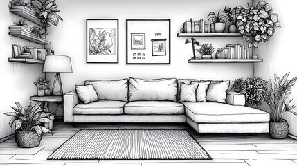 Line interior home art room design illustration outline sketch furniture. Home line sofa interior house doodle continuous lineart one office lamp chair decor hand living table apartment background,