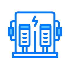 A blue robot with two heads and two ears is shown with a power source. The robot is designed to provide electricity to other devices