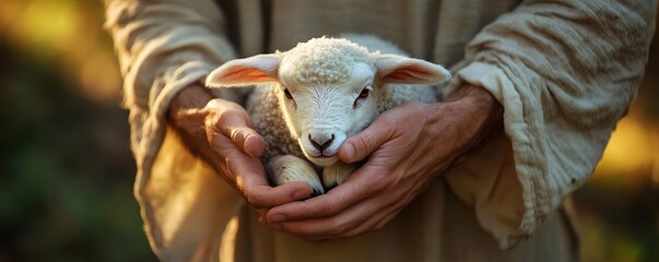 A tender moment capturing a person holding a cute lamb in their hands, symbolizing love and care for animals in nature.