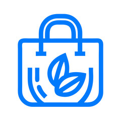 A blue shopping bag with leaves on it. The bag is made of plastic and is designed to be eco-friendly