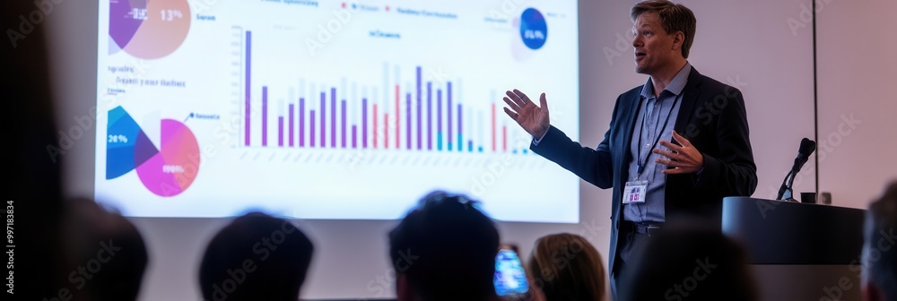 Poster the expert delivers a presentation on data analysis, engaging the audience with visual insights on a