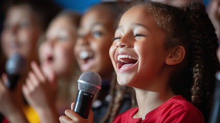 Group of children enthusiastically singing into a microphone during a performance, expressing joy and excitement on stage.