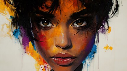 Intense Portrait: Woman with Brown Eyes in Colorful Abstract Painting