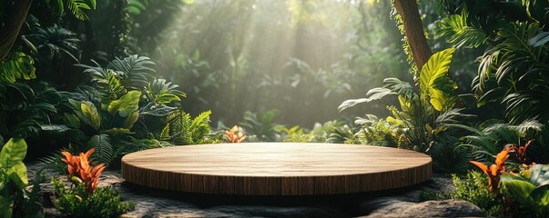 A serene forest scene with a wooden platform surrounded by lush greenery, perfect for showcasing nature or outdoor concepts.