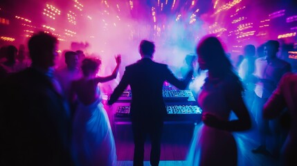 Guests are celebrating exuberantly at a wedding reception, dancing in vibrant colors and lights while enjoying the music played by the DJ