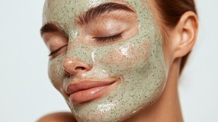 Fototapeta premium A woman with her hair in a bun relaxes with a green face mask, eyes closed, exuding calm and skincare rejuvenation. Isolated on white.