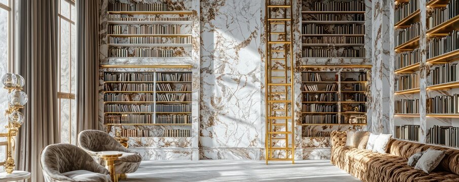 A lavish home library with floor-to-ceiling marble bookcases, a gold ladder, and plush velvet seating An ideal retreat for literature lovers in a serene environment