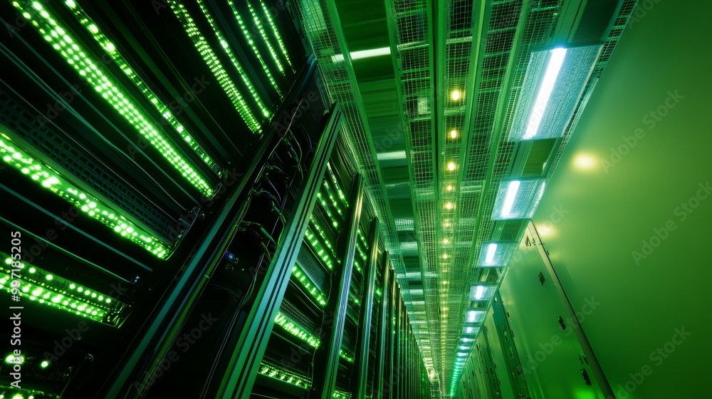 Poster the interior of a green data center features multiple rows of server racks, brightly lit by energy-e