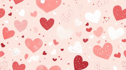 Watercolor hearts in shades of pink and red with small scattered dots, forming a seamless romantic pattern. Perfect for Valentine's Day designs.