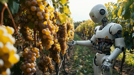 Advanced Agricultural Technology - AI Robot Inspecting Ripe Grapes in Lush Vineyard