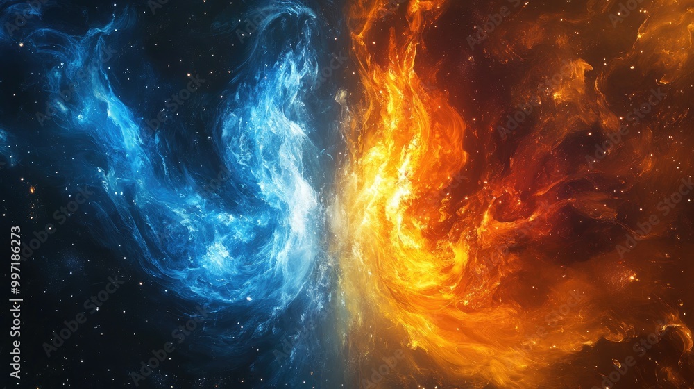 Poster abstract fire and ice elements in cosmic space, providing a dynamic and vibrant visual for artists a
