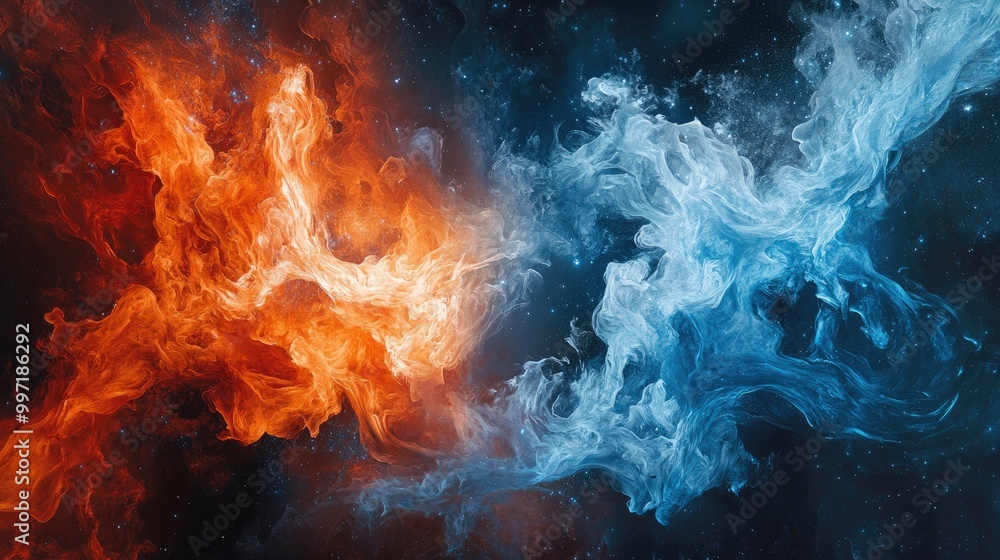 Poster abstract fire and ice elements in cosmic space, providing a dynamic and vibrant visual for artists a