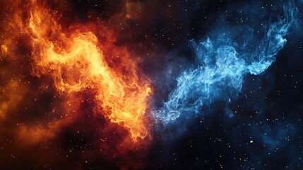 Abstract fire and ice elements floating in cosmic space, creating a striking visual perfect for inspiring digital art and design projects