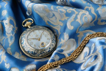 Classic pocket watch with an ornate design with the chain coiled beside it on a velvet cloth.