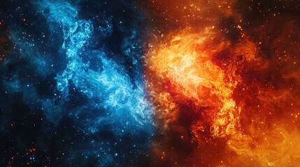 Beautiful cosmic fire and ice elements merging in a dynamic abstract scene, offering unique inspiration for designers and artists