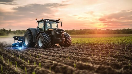 Fototapeta premium Modern Agriculture: Autonomous Tractor with GPS Navigation in Field Demonstrating Advanced Farming Techniques