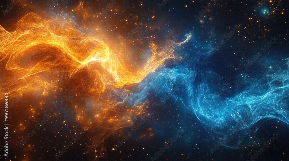Poster cosmic abstract fire and ice elements glowing in space, creating a dynamic and visually inspiring ar