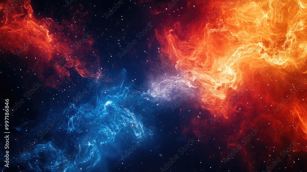 Poster cosmic abstract fire and ice elements glowing in space, creating a dynamic and visually inspiring ar