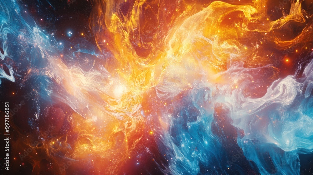 Poster cosmic abstract fire and ice elements glowing in space, creating a dynamic and visually inspiring ar