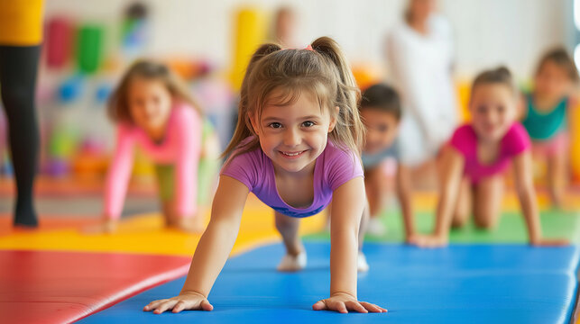 Energetic girl in colorful gymnastics class enthusiastically crawling on exercise mat with other children in the background, participating in fun physical activities and building motor skills.