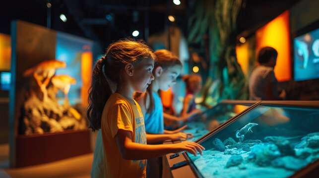  Little girl fascinated by interactive touch screen display at aquarium exhibit, learning about marine life and exploring digital ocean world with curiosity and awe.